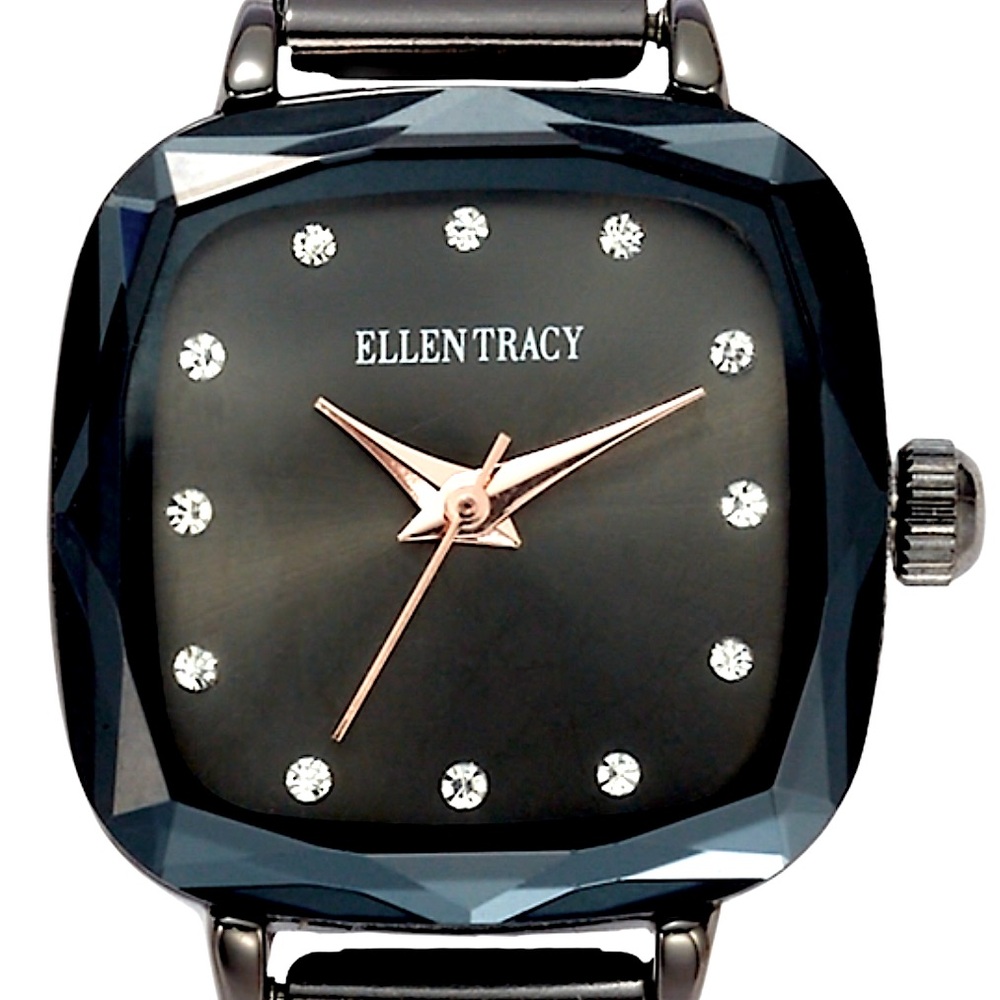 😍 NWOT New Ellen Tracy Woman’s Gunmetal Faceted Bezel Cushion Watch Sleek Modern